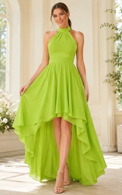 Lime Green Halter-Neck Sleeveless Tiered Chiffon A-Line High-Low Dress