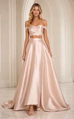 Blushing Pink Satin Off Shoulder Two Piece Sweep Train Formal Evening Dress
