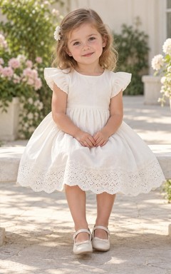 Modest Ivory Knee Length Plain Flutter Sleeve Wide Eyelet Border Flower Girl Dress