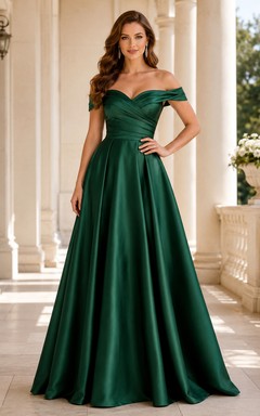 Emerald Off Shoulder Satin A-Line Floor Length Formal Dress