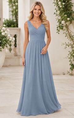 Dusty blue V neck pleated chiffon A-line gown
