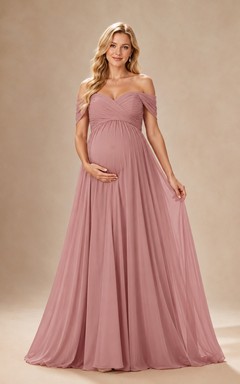 Dusty Rose Maternity Off-Shoulder A-Line Floor-Length Short-Sleeve Chiffon Romantic Evening Gown