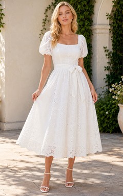 Vestido de cóctel de boda Tea Vintage con escote cuadrado, mangas abullonadas, encaje calado, corte en A y lazo lateral.