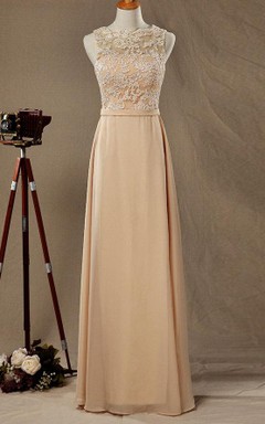 Illusion Lace Bateau Sleeveless A-line Chiffon Long Dress With Open Back