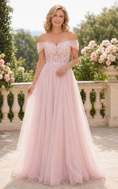 Blush Off-Shoulder Tulle A-Line Mother Dress With Lace Bodice