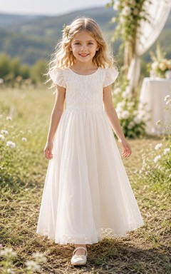 Flower Girl Dress Ivory Lace Tulle A-Line Short Sleeve Scoop Neck Tea Length