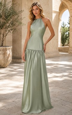 Abendkleid aus salbeigrünem Satin, A-Linie, Neckholder, ärmellos, bodenlang