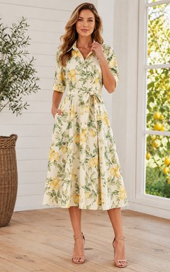 Lemon Floral V-Neck Short Sleeve Chiffon A-Line Ankle-Length Dress