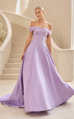 Robe de mariée lavande en satin plissé à épaules dénudées et traîne courte