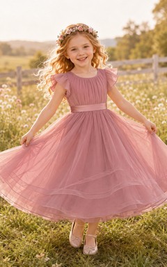 Flower Girl Dress Dusty Rose Tulle A-Line Short Sleeve Jewel Neck Tea Length Bow Detail Ruffle Detail