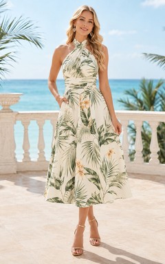 Ivory Tropical Palm High Halter Tea Length Guest Dress