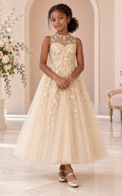 High-Neck Champagne Floral A-line Tulle Sleeveless Ankle-length Appliqued Flower Girl Dress