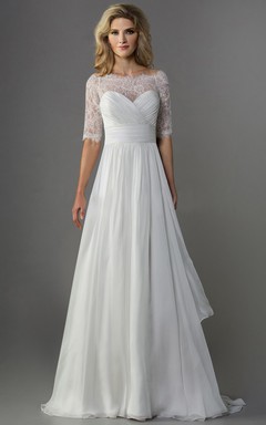 Half-Sleeved A-Line Chiffon Wedding Dress With Illusion Lace Detail