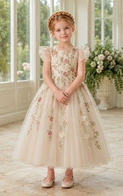 Ivory Floral Vine Embroidered Flower Girl Gown with Petal Sleeves, Tulle A-Line, Botanical Appliques, and Tea-Length Skirt