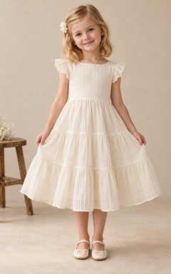 Simple Country Tea-length Ivory Flutter Sleeve Tiered Gauze Flower Girl Dress