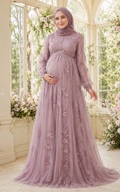 Robe de maternité vintage mauve à manches longues en tulle et appliqué floral, compatible avec le hijab