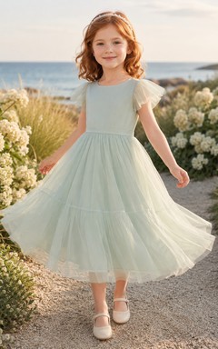 Blumenmädchenkleid mintgrün, Tüll, A-Linie, Volantärmel, Rundhalsausschnitt, Teelänge, Rüschenbesatz