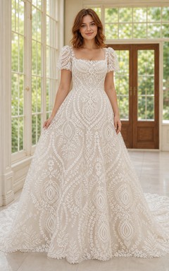 Vestido de novia romántico de gala con medallón, cuello cuadrado y mangas cortas hasta el suelo.