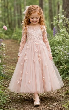 A-Line Flowergirl Pink Lace Tulle Floor-Length Long Sleeve Floral Woodland Wedding Dress