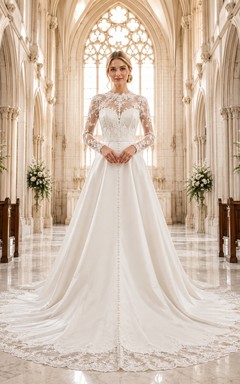 Vestido de novia formal modesto de manga larga y cuello alto, corte en A.