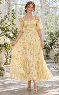 Vestido de fiesta de gasa con estampado floral de narcisos, cuello cuadrado, mangas abullonadas y largo hasta los tobillos, corte en A.