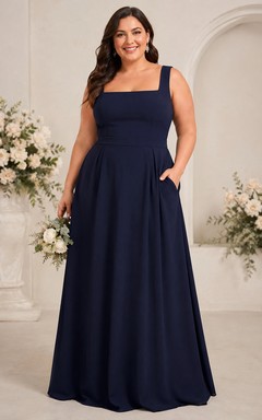 Plus Size Dark Navy A-Line Square Neck Bridesmaid Dress with Pockets
