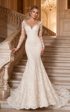 Langärmeliges Meerjungfrauen-Brautkleid aus Illusionsspitze