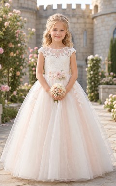 Blush Flower Girl Dress with Illusion Lace Cap Sleeves, Floor-Length Ball Gown Tulle Skirt and Dimensional Rose Waist Appliques