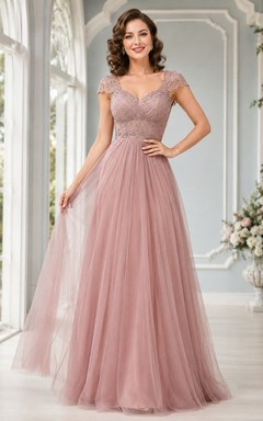 Dusty Rose Vintage Beaded Cap Sleeve Lace Tulle Floor-Length A-Line Formal Evening Dress