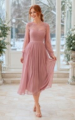 Robe de soirée romantique rose poudré illusion bateau à manches longues en mousseline de soie, longueur thé