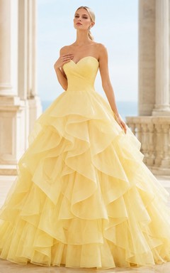 Yellow Tulle Strapless Sweetheart Tiered Ruffle Ball Gown