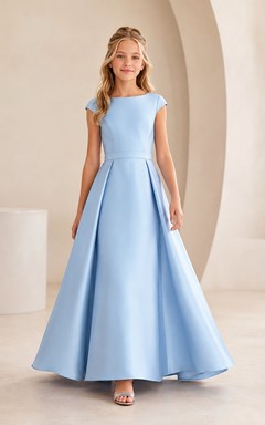 Vestido de dama de honor junior azul cielo, corte A, escote barco, manga corta, de lujo.