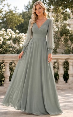 Sage Long Poet Sleeve V-Neck Chiffon A-Line Floor-Length Modest Formal Dress