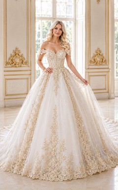 Vergoldetes Ballkleid, Brautkleid, schulterfrei, kurze Ärmel, bodenlang, Kathedralenschleppe, Luxuskleid