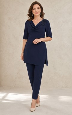 Navy Two Piece Cowl Neck Half Sleeve Tunic Pants Simple Formal Evening Dress Set