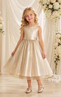 Champagne Simple A-Line Satin Flower Girl Dress Sleeveless Square Neck Tea-Length Metallic Finish