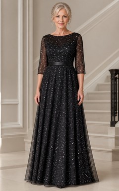 Vestido de gala de encaje brillante para novias mayores, largo hasta el suelo, estilo barco, manga tres cuartos.