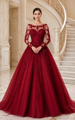 Klassisches rotes Spitzen-Ballkleid mit langen Ärmeln und U-Boot-Ausschnitt