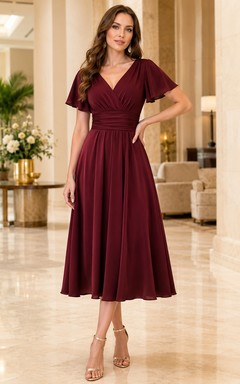 Robe d'invitée bordeaux à col en V, manches papillon, longueur thé et froncée