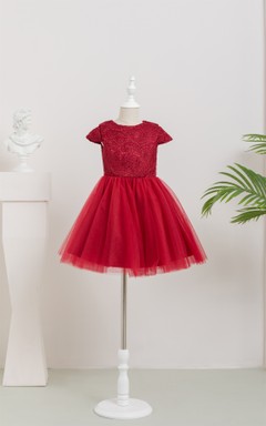 Vestido corto de damita de honor de tul y encaje rojo estilo imperio con corte en A