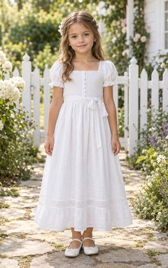 Square Neck Vintage Country White Puff Sleeve Bow Linen Flower Girl Dress