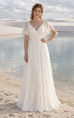 V Neck Flutter Sleeve Chiffon Wedding Dress with Wrapped Bodice and A-Line Skirt