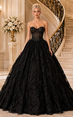 Black Lace Sweetheart Tulle Ball Gown Floor-length Evening Dress