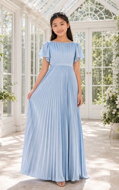 Himmelblaues Brautjungfernkleid in A-Linie mit U-Boot-Ausschnitt und kurzen, juwelenbesetzten Ärmeln aus elegantem Satin