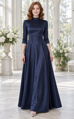 Robe de bal bleu marine en satin, coupe trapèze, col montant, manches trois-quarts.