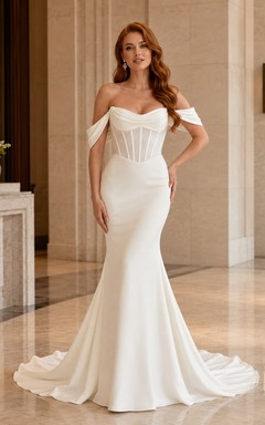 Minimalist Satin Wedding Dress Mermaid Off Shoulder Sweep Train Bridal Gown