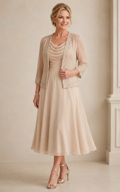 Champagne Cowl Neck Mother Dress with Jacket Champagne Cowl Scoop A-Line Tea-length