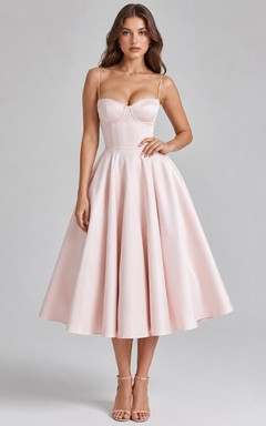 Robe de cocktail rose perle bustier en satin, coupe trapèze, longueur thé, décolleté cœur