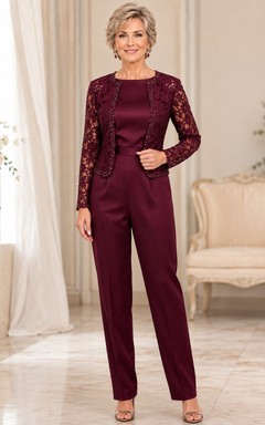 Burgunderfarbener Jumpsuit von Mother mit Satin-Top mit Rundhalsausschnitt, Spitzenjacke und gerader Hose