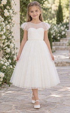 Tea-length Simple White Sweetheart Illusion Pleated Flutter Sleeve Pearl Waist A-Line Tulle Flowergirl Dress